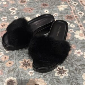Donald J. Pliner Black Slippers with Plush Fur